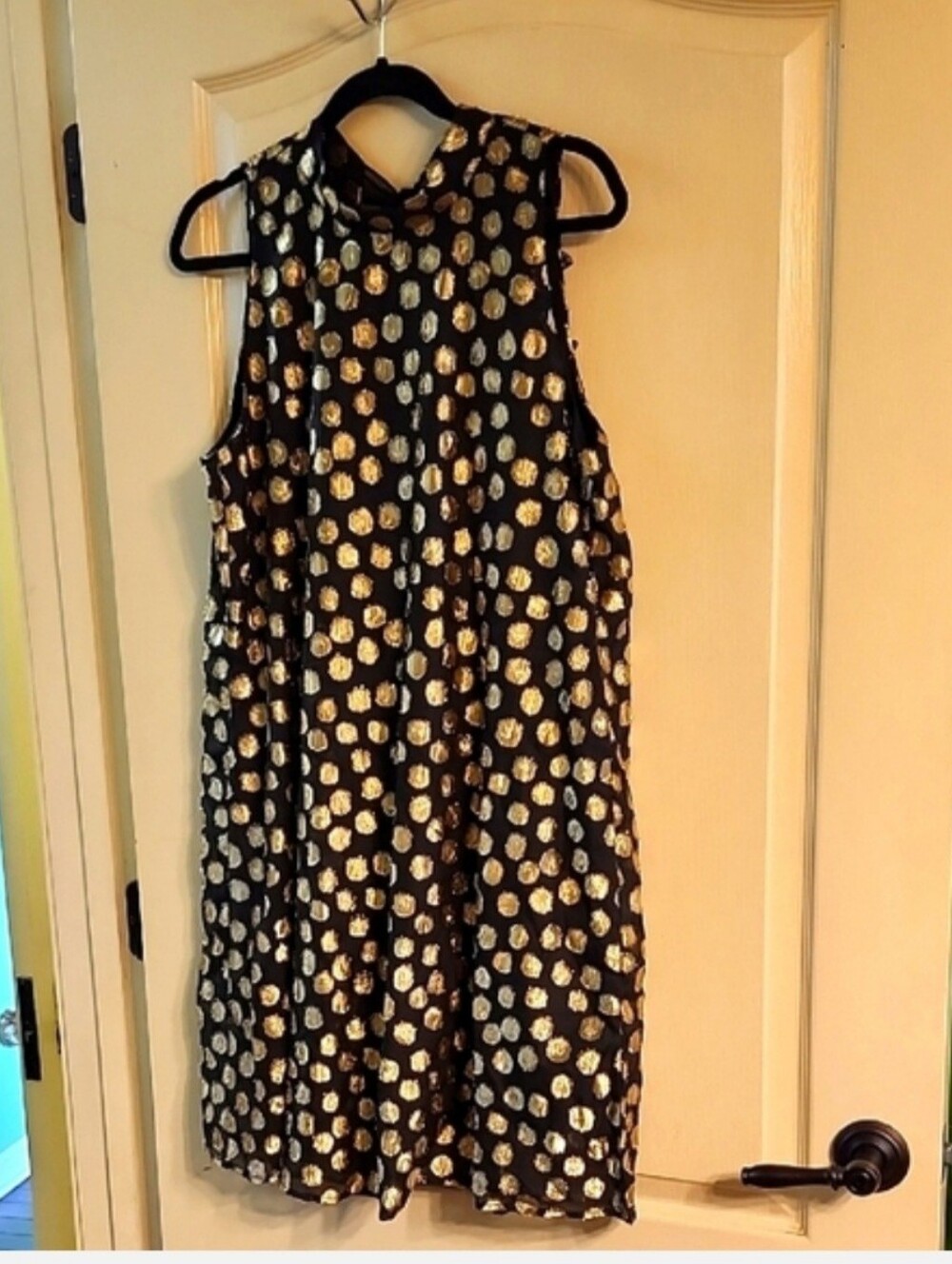 Signature by Robbie Bee Black & Gold Metallic Polka Dot Trapeze Dress